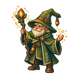 Rowan พ่อมดป่าสวมหมวกสีเขียวถือคทา จากตัวอย่างแอนิเมชัน Sprite Sage